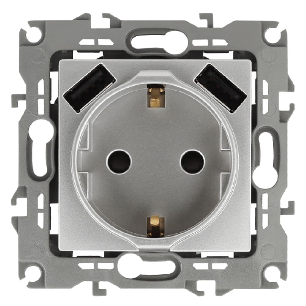 Розетка ЭРА Серия 12 12-4109-03 2P+E 16A-250В штор. с 2xUSB 5В-3А алюминий | Эра 12
