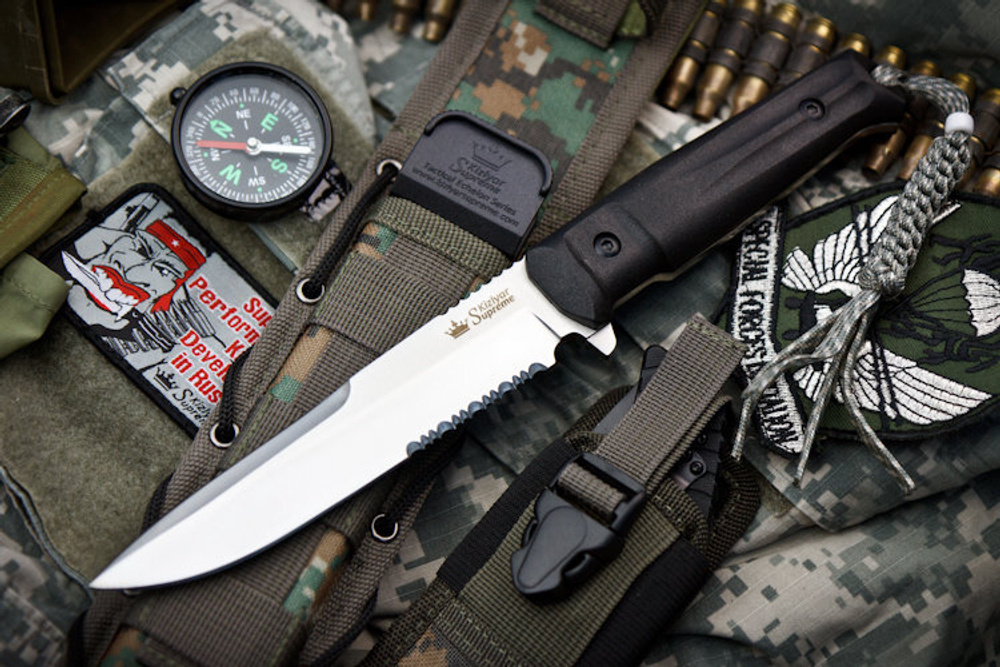 Нож Kizlyar Supreme Alpha Serrated D2 SWS (Stonewash, Серрейтор, Черная рукоять)