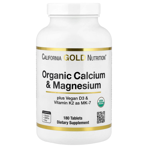 California Gold Nutrition, Органический кальций и магний плюс витамины D3 и K2, 180 таблеток
