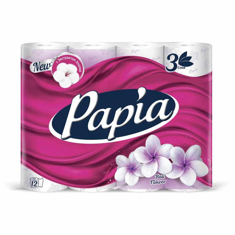 Туалетная бумага 3-х сл, спайка 12шт., (12х16,8 м), PAPIA, Балийский цветок,5080739, 7уп