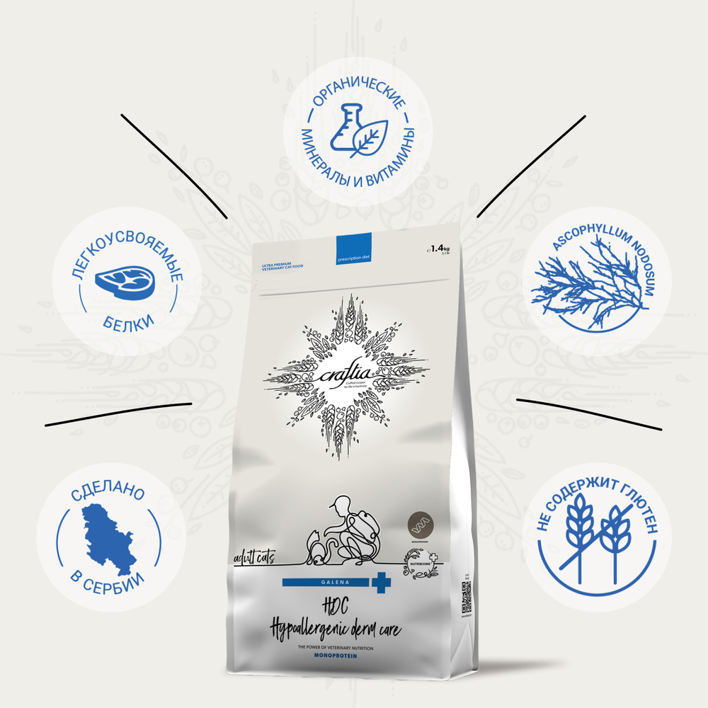 Ветеринарная диета CRAFTIA GALENA CAT HYPOALLERGENIC DERM CARE Гипоаллердженик Дерм для кошек при пищевой аллергии и заболеваниях кожи 1,4 кг