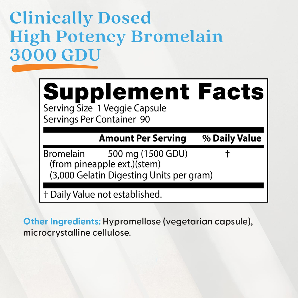 Doctor's Best, высокоэффективный бромелаин, 3000 GDU, 500 мг, 90 растительных капсул
