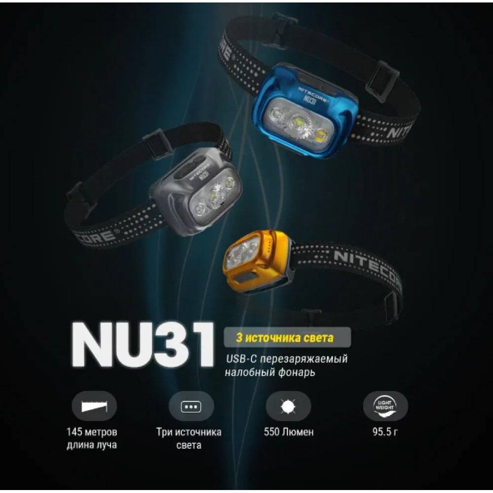 Фонарь налобный Nitecore NU31 550 люмен дальность 145м