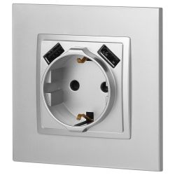 Розетка ЭРА Elegance 14-4109-03 2P+E 16A-250В штор. с 2xUSB 5В-3А алюминий | Эра Elegance