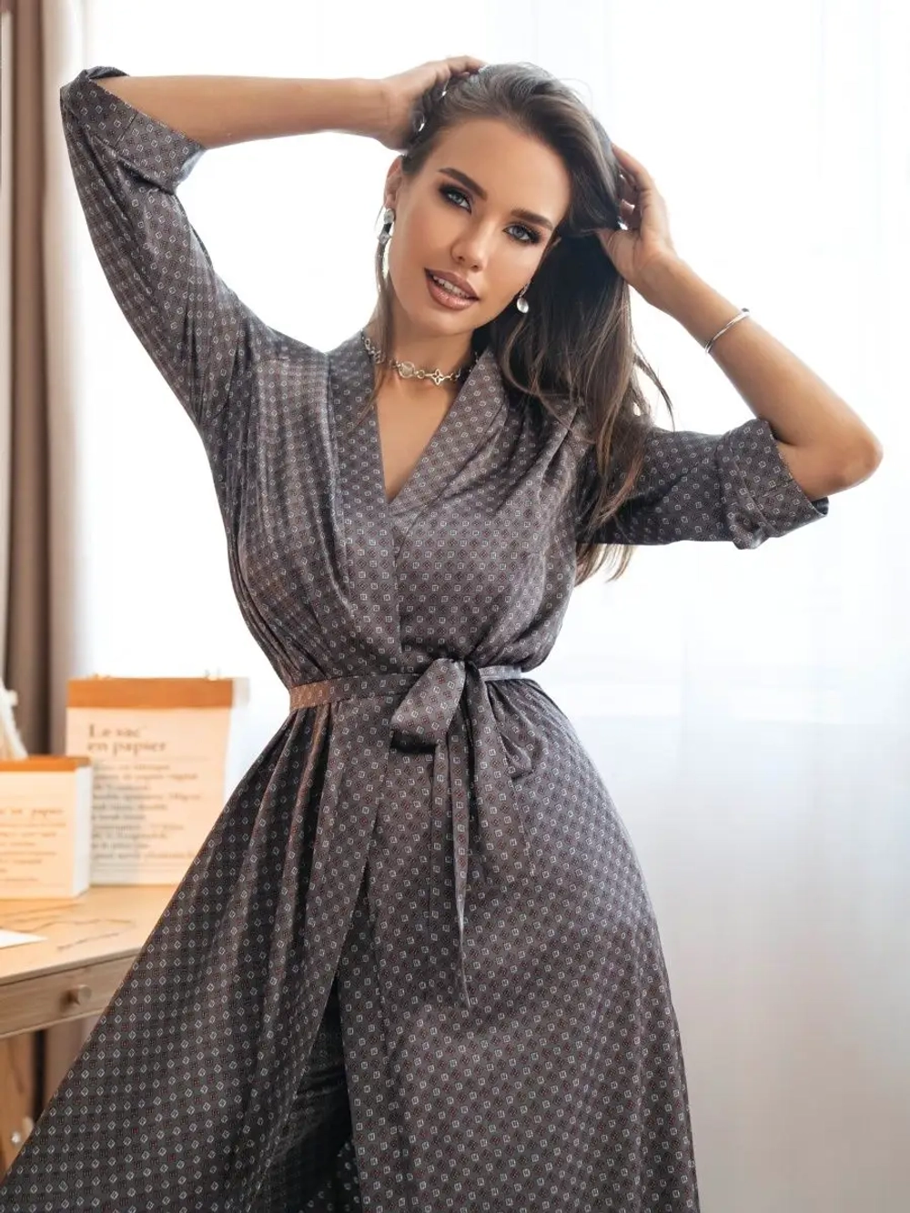 Длинный халат домашний с запахом кимоно