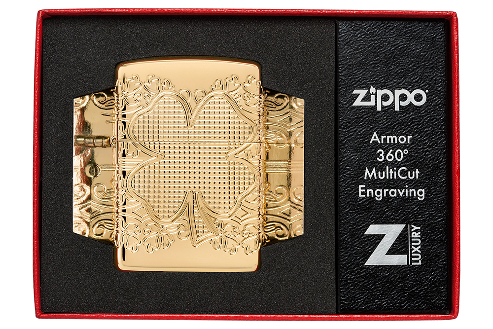Зажигалка ZIPPO Armor Счастливый клевер с глянцевым золотистым покрытием | Lucky Clover High Polish
