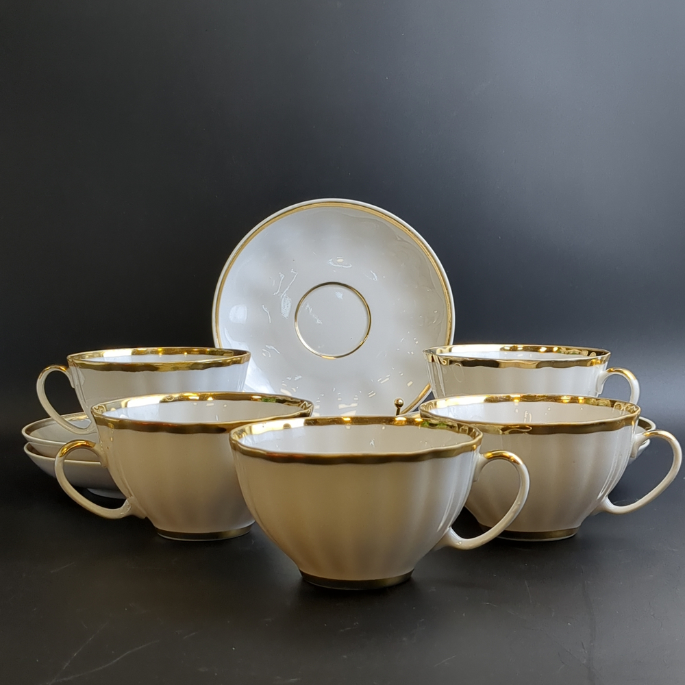 Чайные пары набор на 5 персон (10 предметов), тонкий белоснежный фарфор, золочение, форма "тюльпан", Дулево ФЗ, СССР 1990 год