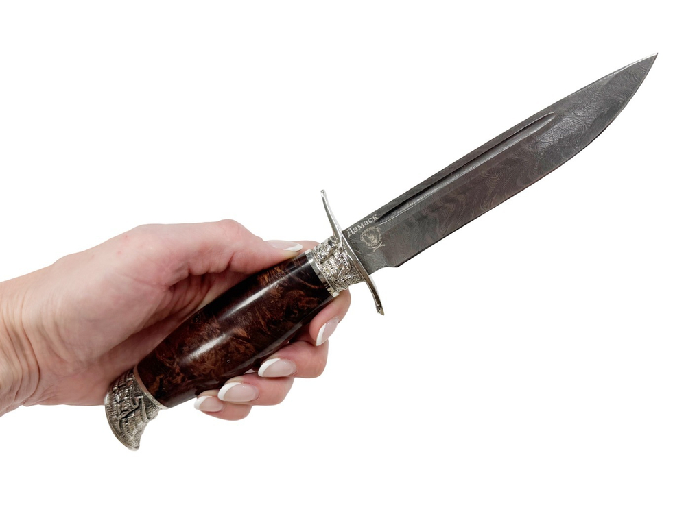Нож Финка НКВД со звездой, дамасская сталь, карельская береза коричневая, мельхиор