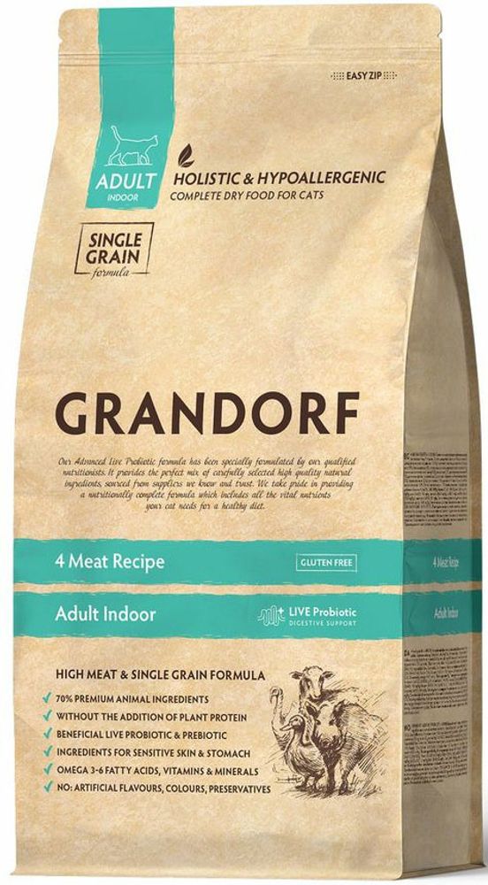 Grandorf 2кг 4 Meat Recipe Indoor Holistic Probiotic для домашних кошек, с пробиотиками, 4 вида мяса