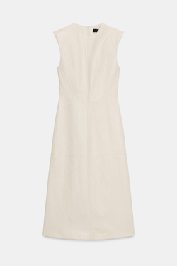 ZARA ПЛАТЬЕ МИДИ ИЗ ИСКУССТВЕННОЙ КОЖИ С ПОДПЛЕЧНИКАМИ, ЭКРЮ