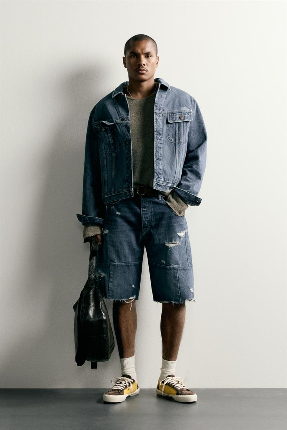 ZARA ДЖИНСОВЫЕ ШОРТЫ BAGGY FIT СО ШВАМИ, СИНИЙ