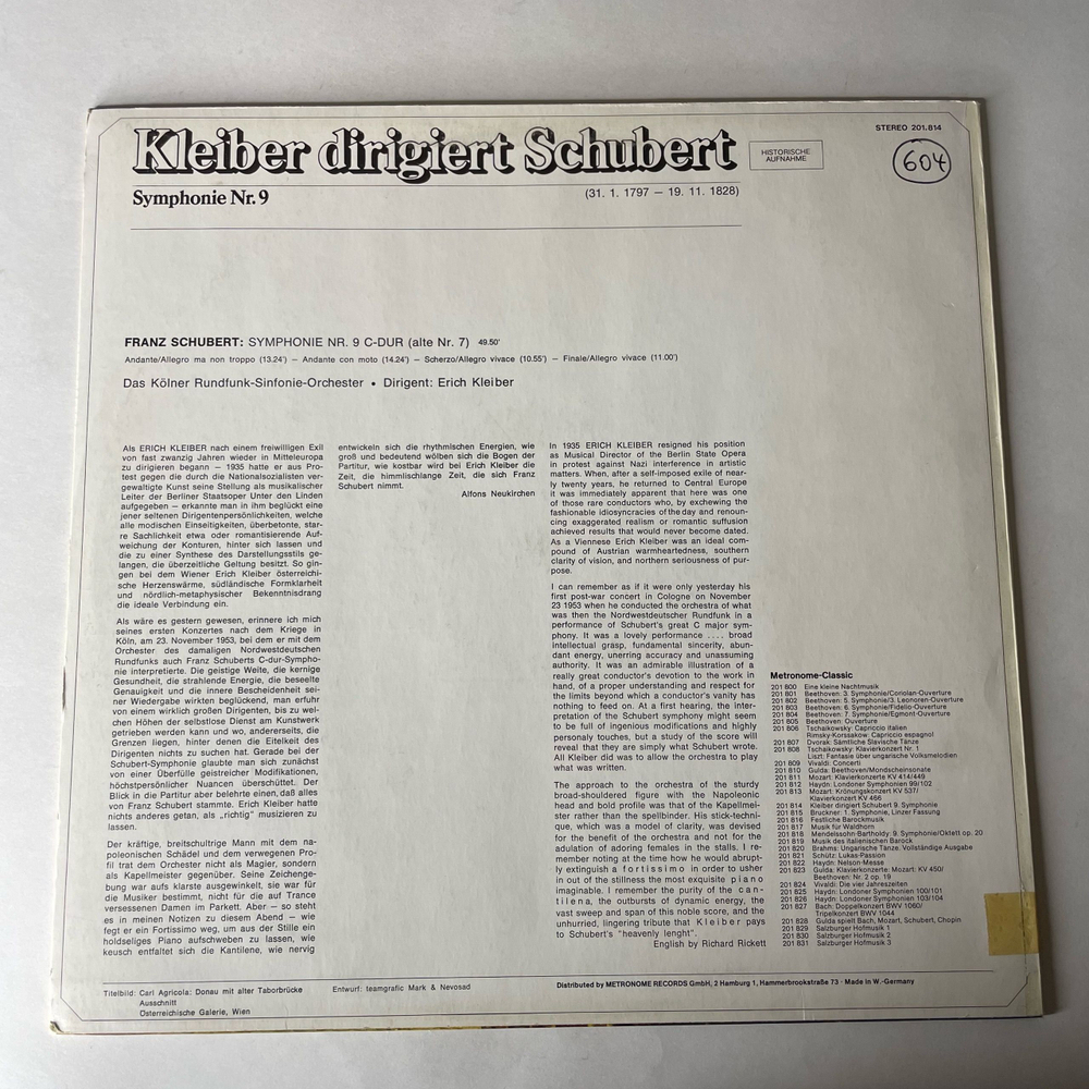 Винтажная виниловая пластинка LP Schubert Шуберт, Das Kolner Rundfunk Sinfonie Orchester, Erich Kleiber, Kleiber Dirigiert Schubert, Симфония Symfonie Nr. 9 (Австрия 1973)
