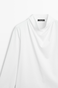 Massimo Dutti Футболка из 100% хлопка с драпированным воротом, белый