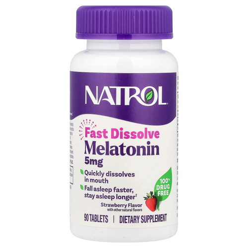 Natrol, мелатонин, быстрорастворимый, с клубничным вкусом, 5 мг, 90 таблеток