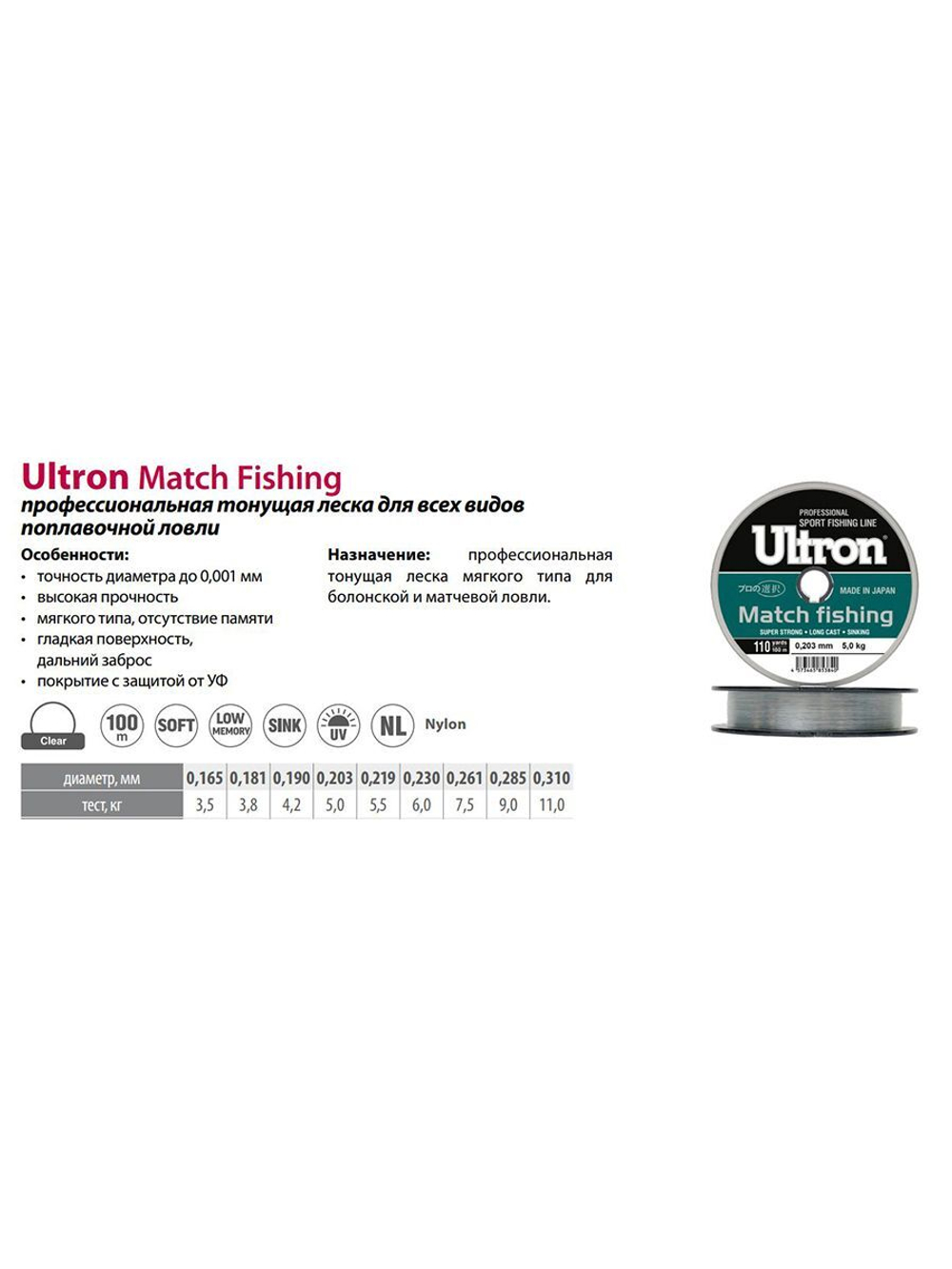 Монофильная леска рыболовная Match Fishing 0,261 мм, 7,5 кг