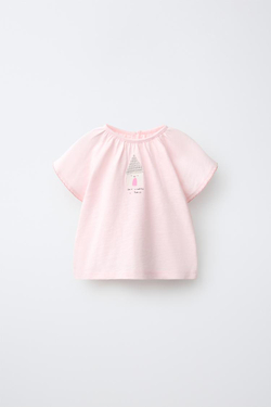 ZARA ФУТБОЛКА С ПРИНТОМ 'ДОМИК', РОЗОВЫЙ