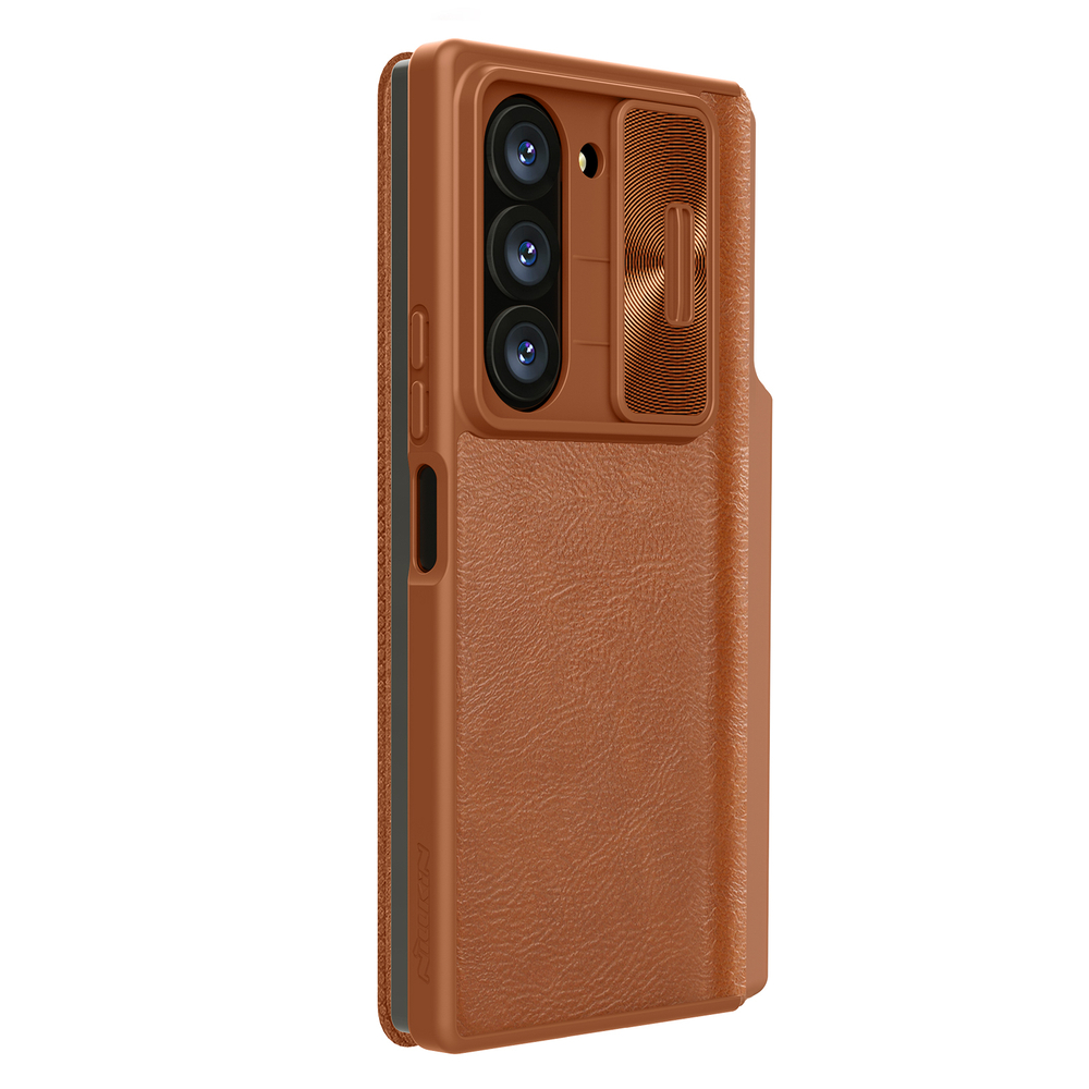Кожаный чехол книжка коричневого цвета (British Brown) от Nillkin для Samsung Galaxy Z Fold 6, серия Qin Pro Leather с защитной шторкой для камеры