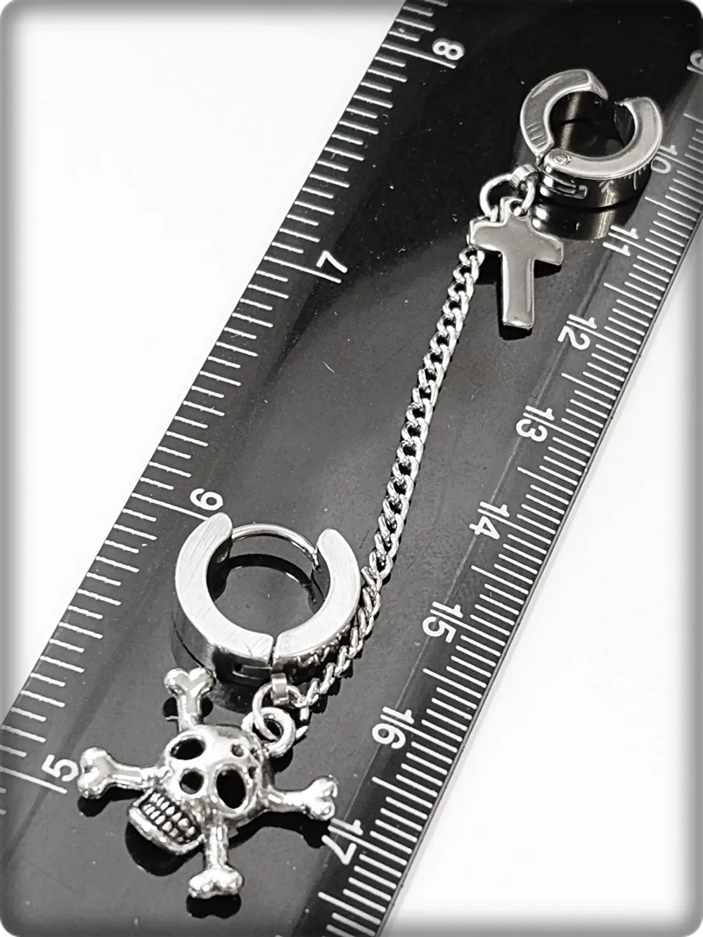 Серьга с клипсой на цепочке"Череп, крест" сталь 316L.