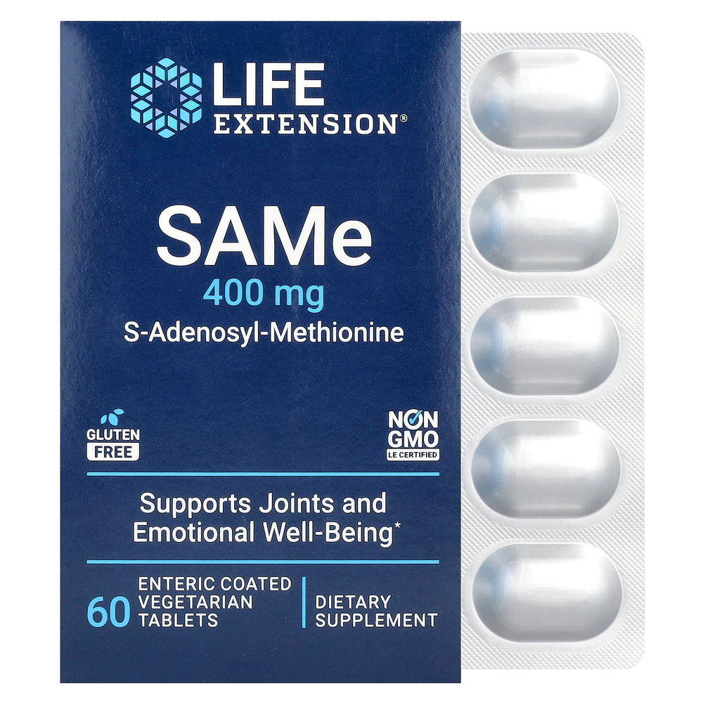 Life Extension, SAMe, S-аденозилметионин, 400 мг, 60 вегетарианских таблеток, покрытых кишечнорастворимой оболочкой
