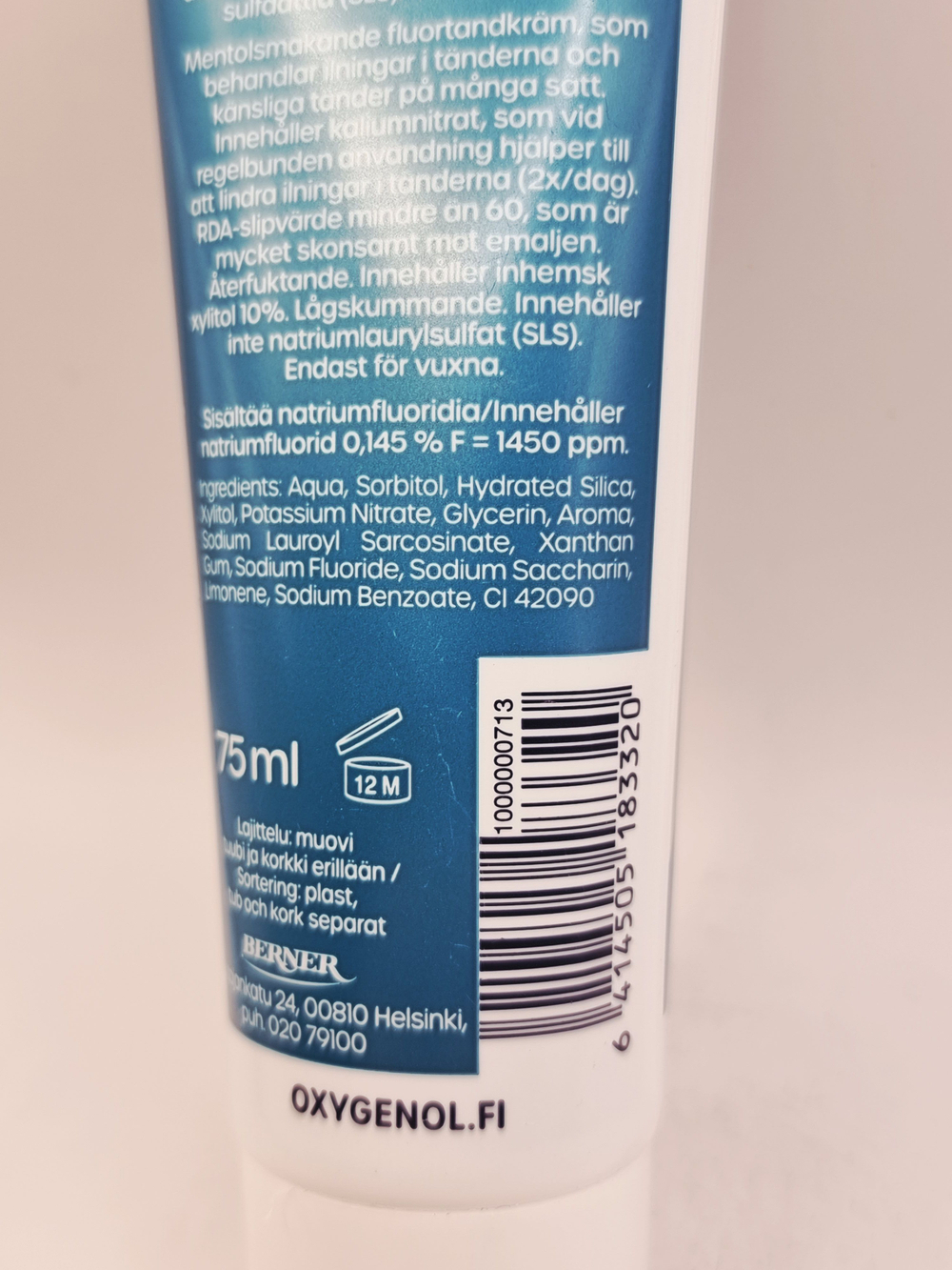OXYGENOL зубная паста Suoja Pro без SLS, с фтором и вкусом ментола 75 мл (из Финляндии)