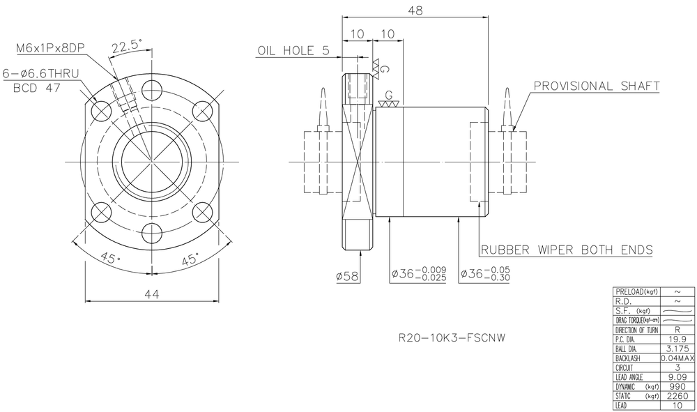 Гайка ШВП HIWIN R20-10K3-FSCNW - чертеж