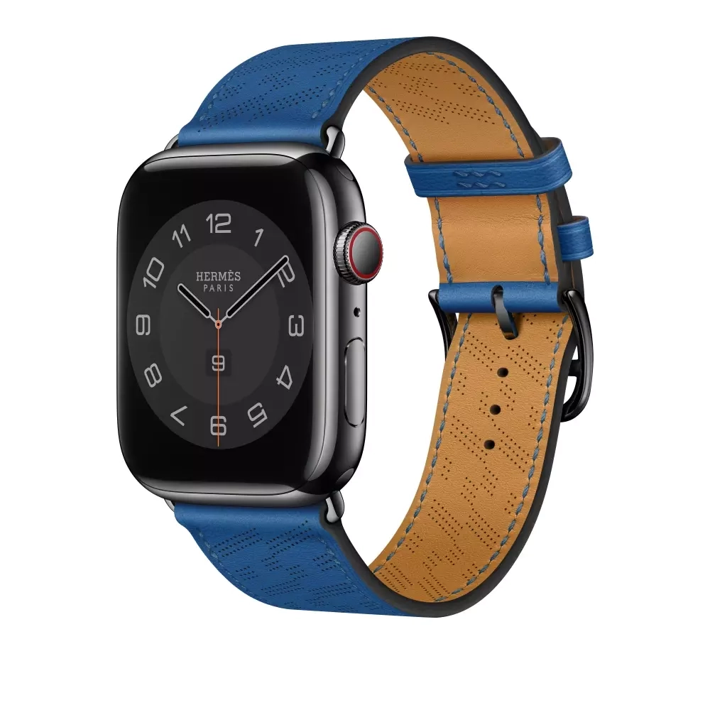 Apple Watch Series 8 Hermes 45mm, черный корпус, синий кожаный ремешок с перфорацией H