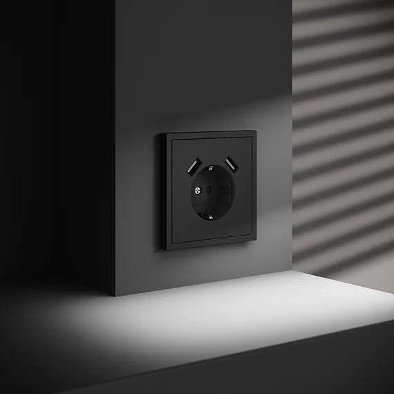 Розетка с USB A+A с заземлением и защитными шторками Voltum S70 Черный матовый VLS040408