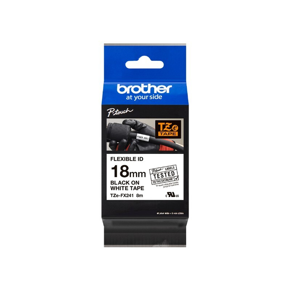 Brother TZE-FX241 кассета с лентой для печати наклеек (эластичная), чёрный шрифт на белой основе, 18мм*8м