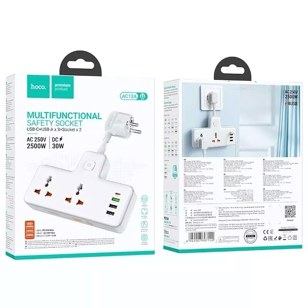 Фильтр сетевой HOCO AC12A, 250V/10A 2 розетки, PD30W+QC3.0 3A Type-C+3xUSB, 0.85m White