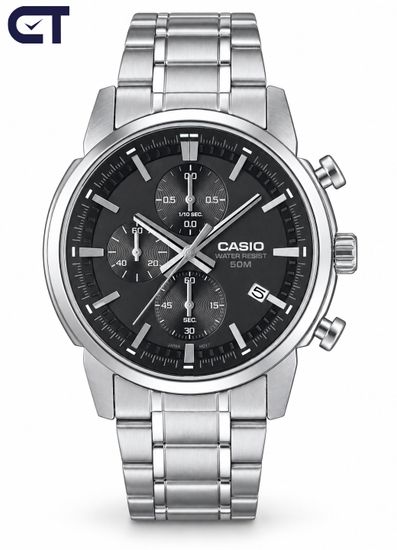 CASIO MTP-E510D-1A1 CASIO Collection мужские наручные часы — чёрный циферблат, хронограф 1/10 секунды и стальной браслет