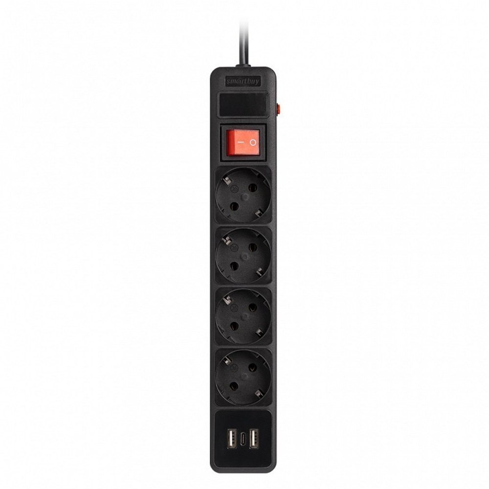 Сетевой фильтр c USB+Type C, 16А, 4 гнезда, c з/ш, с з/к, ПВС, 1.8 м, черный (SBSP-18C-K)