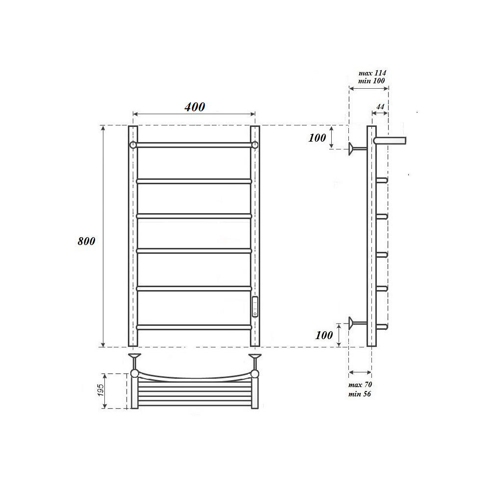 Полотенцесушитель электрический Point Афина PN04848PW П5 400x800 с полкой, диммер справа, белый схема