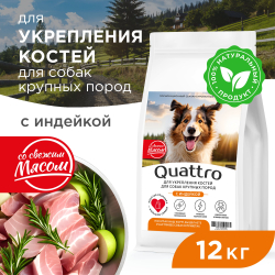 Корм сухой для взрослых собак крупных пород, премиум полнорационный комплекс, для укрепления костей у собак, с индейкой, 12 кг, QUATTRO