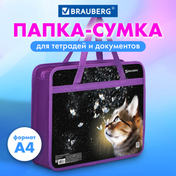 Папка на молнии с ручками BRAUBERG А4, 1 отделение, пластик, 80 мм, "Dream cat", 270868