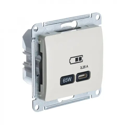 GLOSSA USB РОЗЕТКА тип-C 65Вт высокоскор.заряд. QC, PD, механизм, МОЛОЧНЫЙ