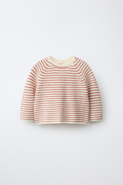 ZARA СВИТЕР В ПОЛОСКУ, ЭКРЮ/КРАСНЫЙ