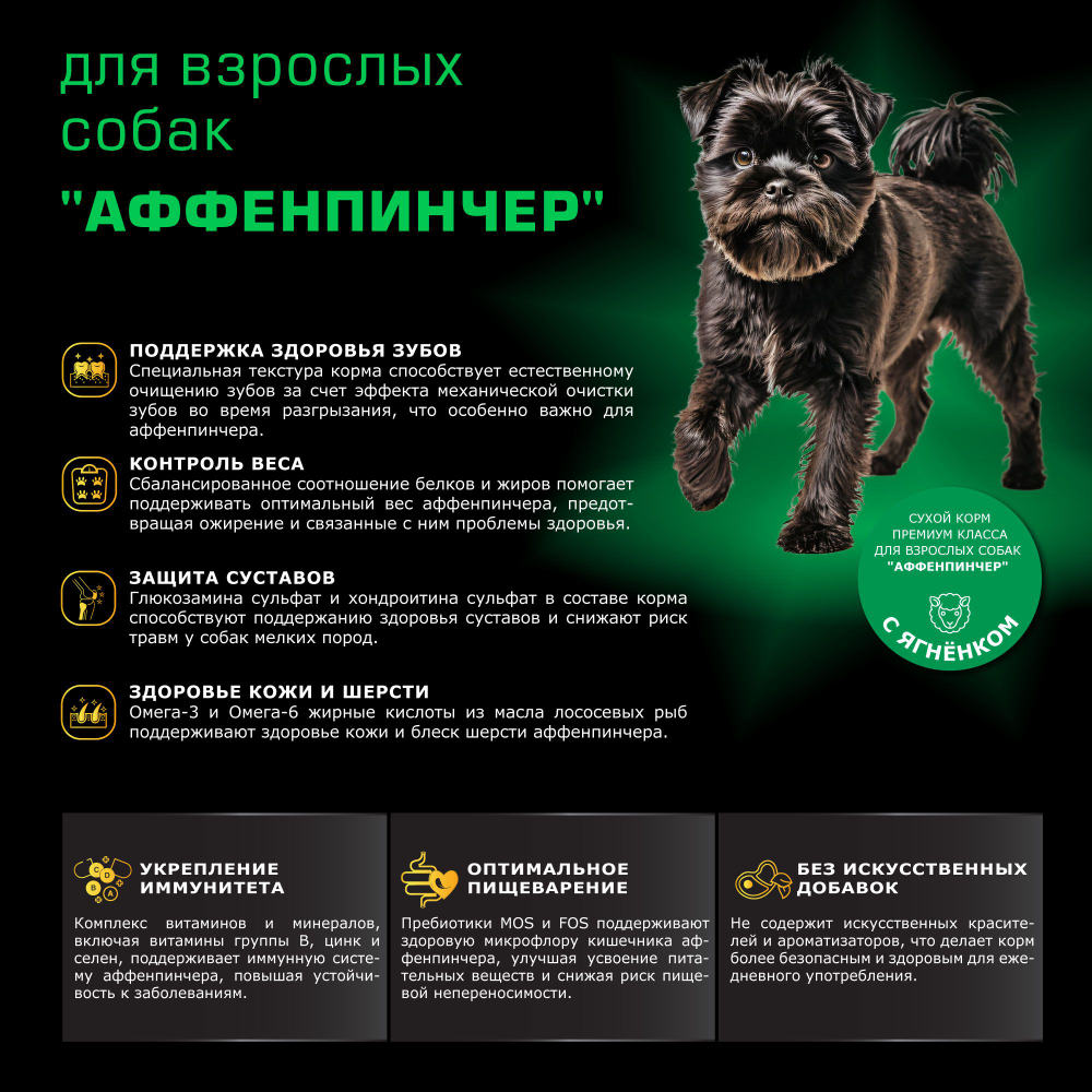 Корм сухой для взрослых собак породы Аффенпинчер, с ягненком, 800 гр, QUATTRO