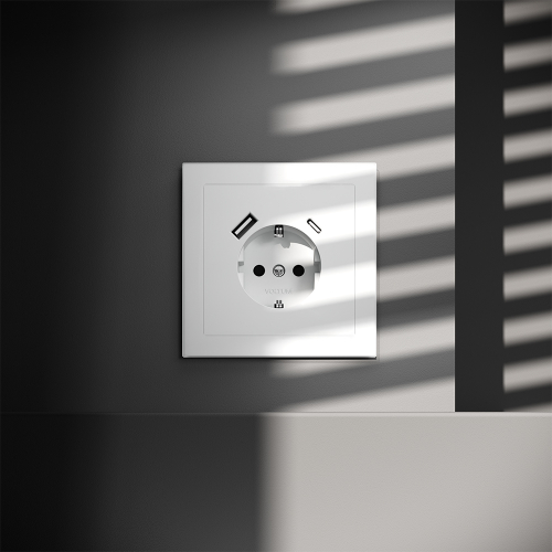 Розетка встраиваемая с заземлением и защитными шторками, 16А, с USB, A+С, (белый матовый) Voltum S70 VLS040502