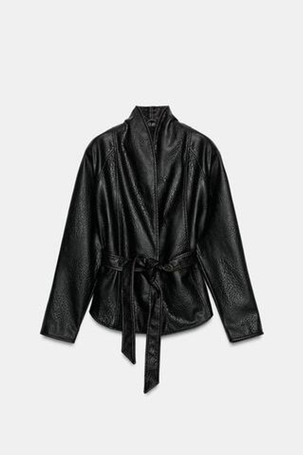 ZARA КУРТКА ИЗ ИСКУССТВЕННОЙ КОЖИ С ПОЯСОМ — ZW COLLECTION, ТЕМНО-КОРИЧНЕВЫЙ