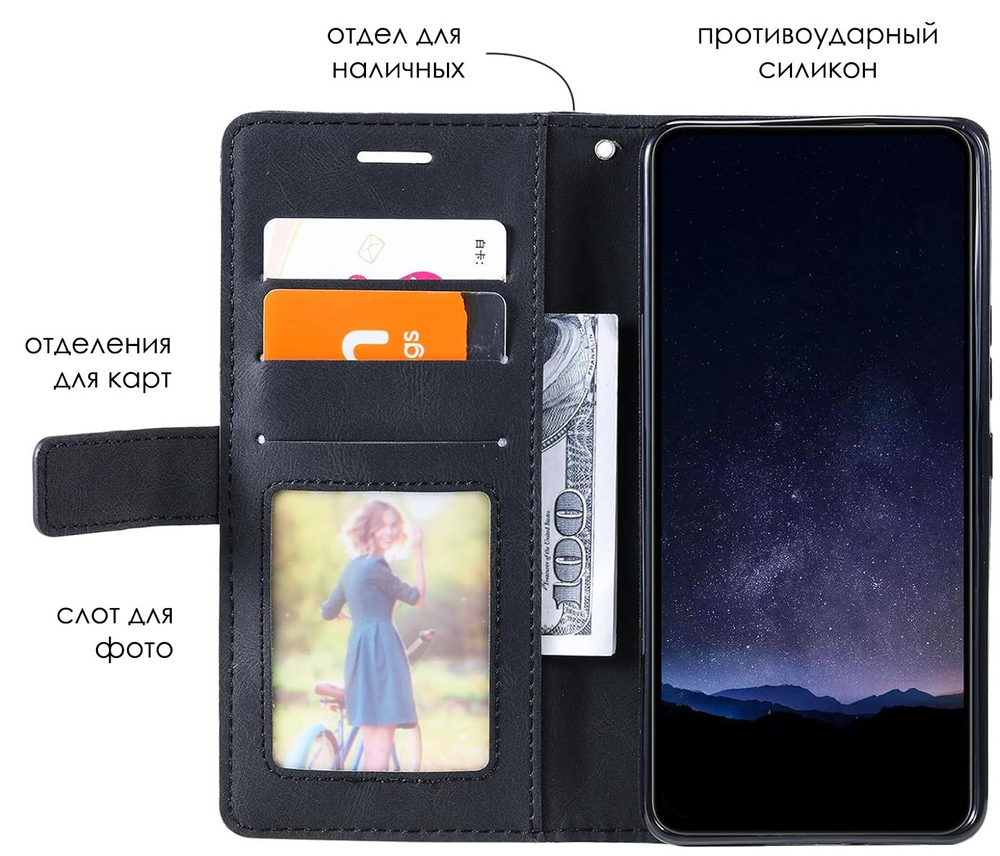 Дизайнерский чехол-книжка из кожи для POCO X7 PRO / REDMI TURBO 4 с отделом для наличных, 3 слотами для карт и подставкой