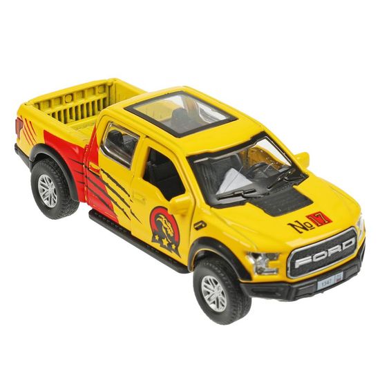 Машина металл FORD F150 RAPTOR ДИНОЗАВРЫ 12 см, двер, баг, ин, желтый, кор. Технопарк