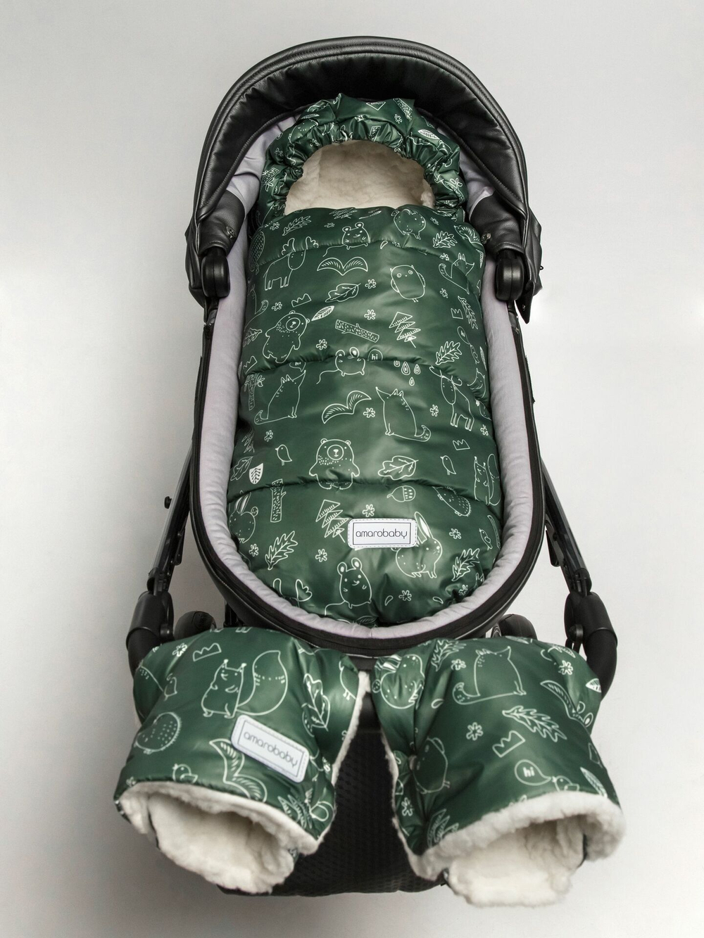 Конверт зимний меховой AMAROBABY Snowy Travel Зверята, хаки, 105 см.