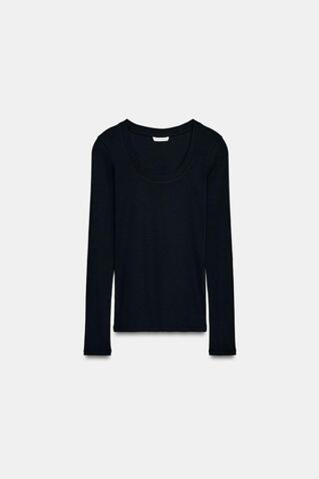 ZARA ФУТБОЛКА В РУБЧИК С ДЛИННЫМИ РУКАВАМИ, УГОЛЬНЫЙ