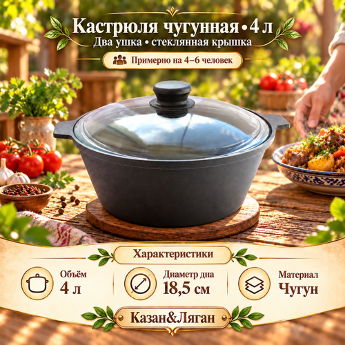 Кастрюля чугунная 4л со стеклянной крышкой