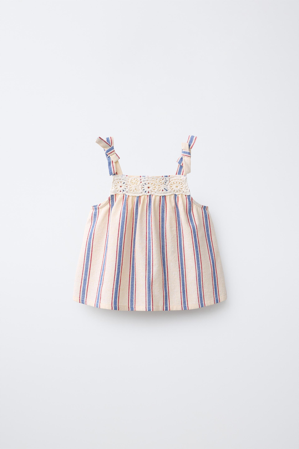 ZARA ТОП В ПОЛОСКУ С КРУЖЕВОМ КРОШЕ, ЭКРЮ