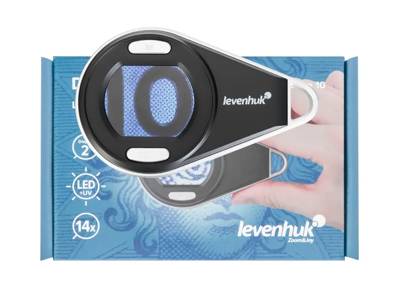 Лупа цифровая Levenhuk ERGO 10 - коробка, изображение с лупой и увеличением текста