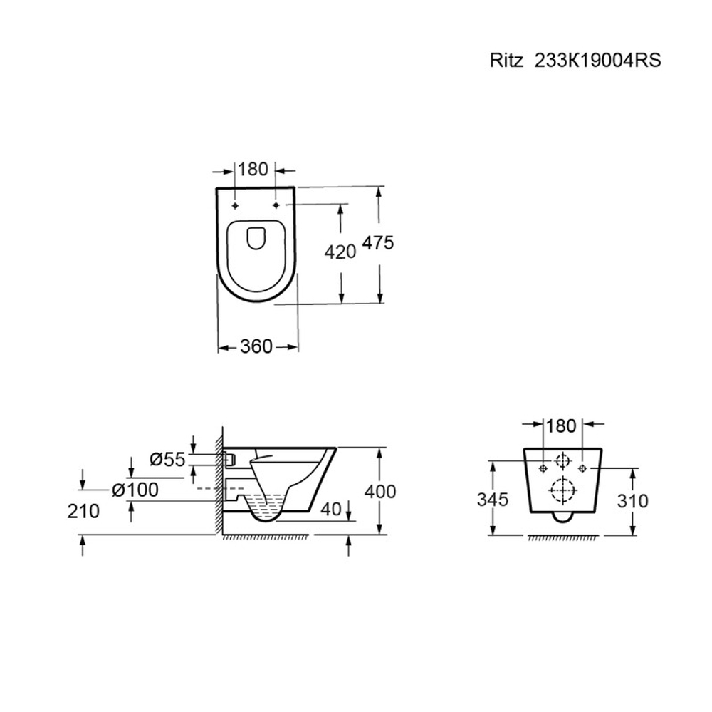 Унитаз Ritz 233K19004RS (475*360*350) подвесной БЕЗОБОДКОВЫЙ, 2 места