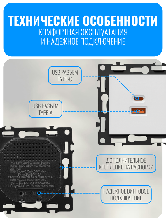 Розетка USB Type-A+C 65Вт Smart Aura серия Fusion без рамки