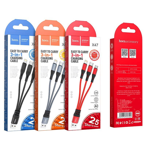 Usb Кабель-зарядка Hoco X47 3в1 Micro/Lightning/Type-C 25см серый