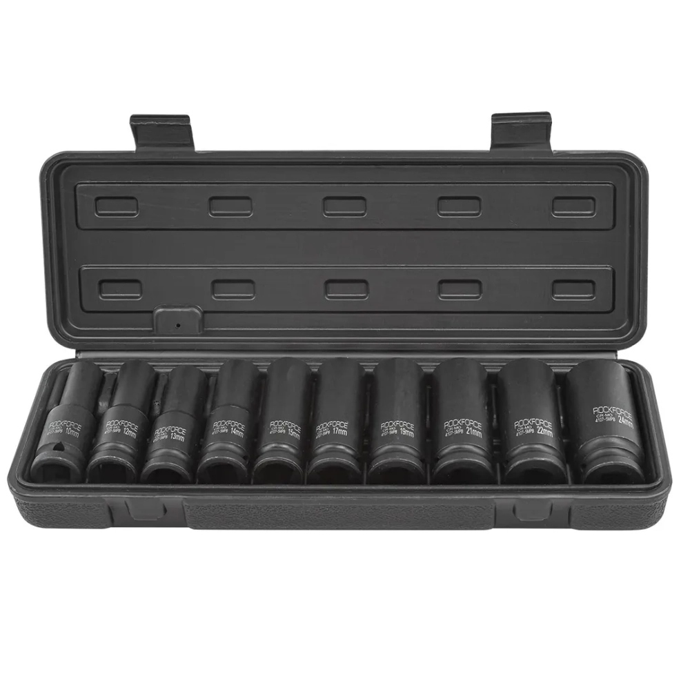 Набор головок ударных глубоких 10пр.,1/2''6гр.(10,12-15,17,19,21,22,24мм), в пластиковом кейсе RockForce##Rock FORCE RF-4107-5MPB
